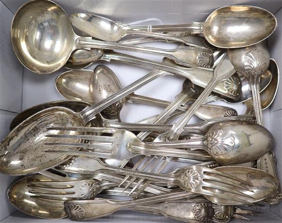 A harlequin suite of 19th century silver fiddle, thread and shell pattern flatware, 63.5 oz.